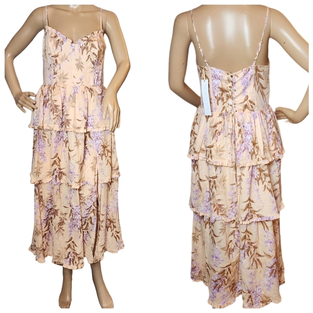NWT House of Harlow Corset Tiered‎ Linen/Rayon. Peach/Lavender Midi Dress. Small